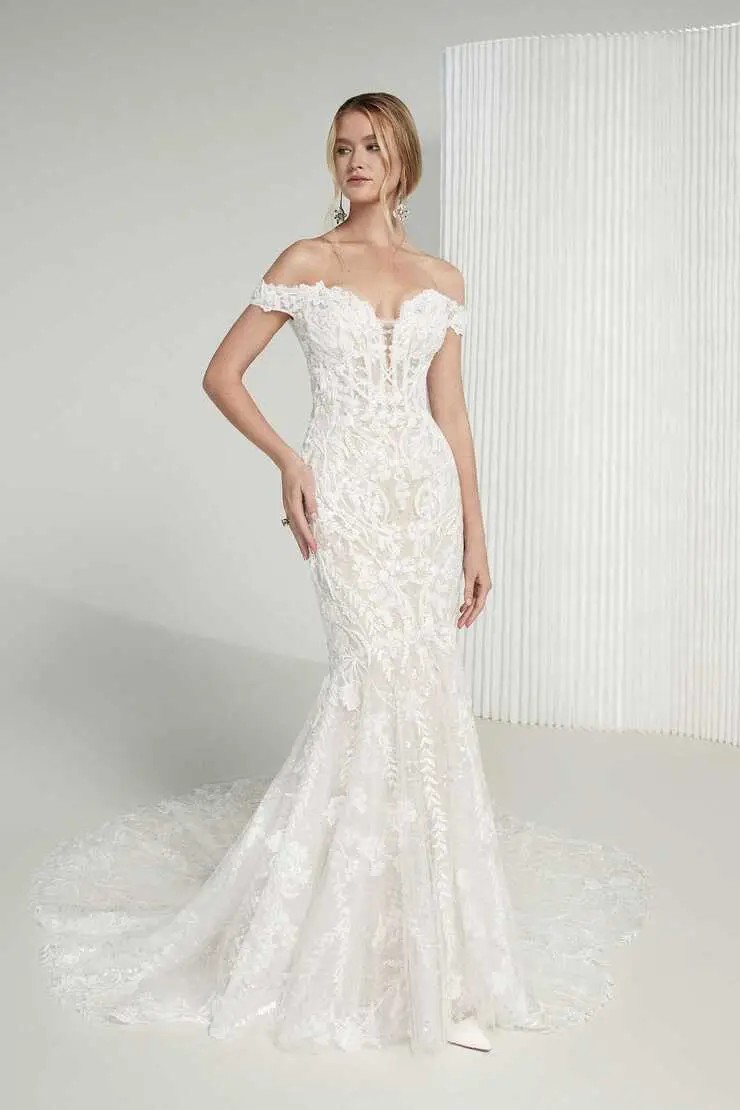 Model wearing a white gown