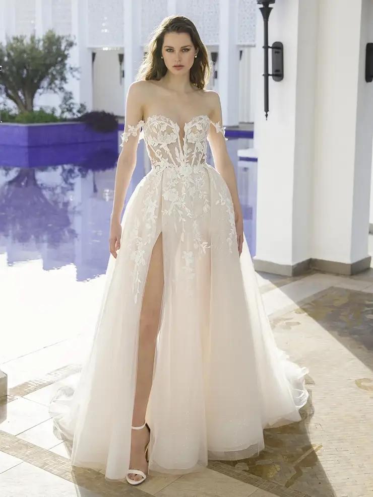 Model wearing Blue by Enzoani wedding dress